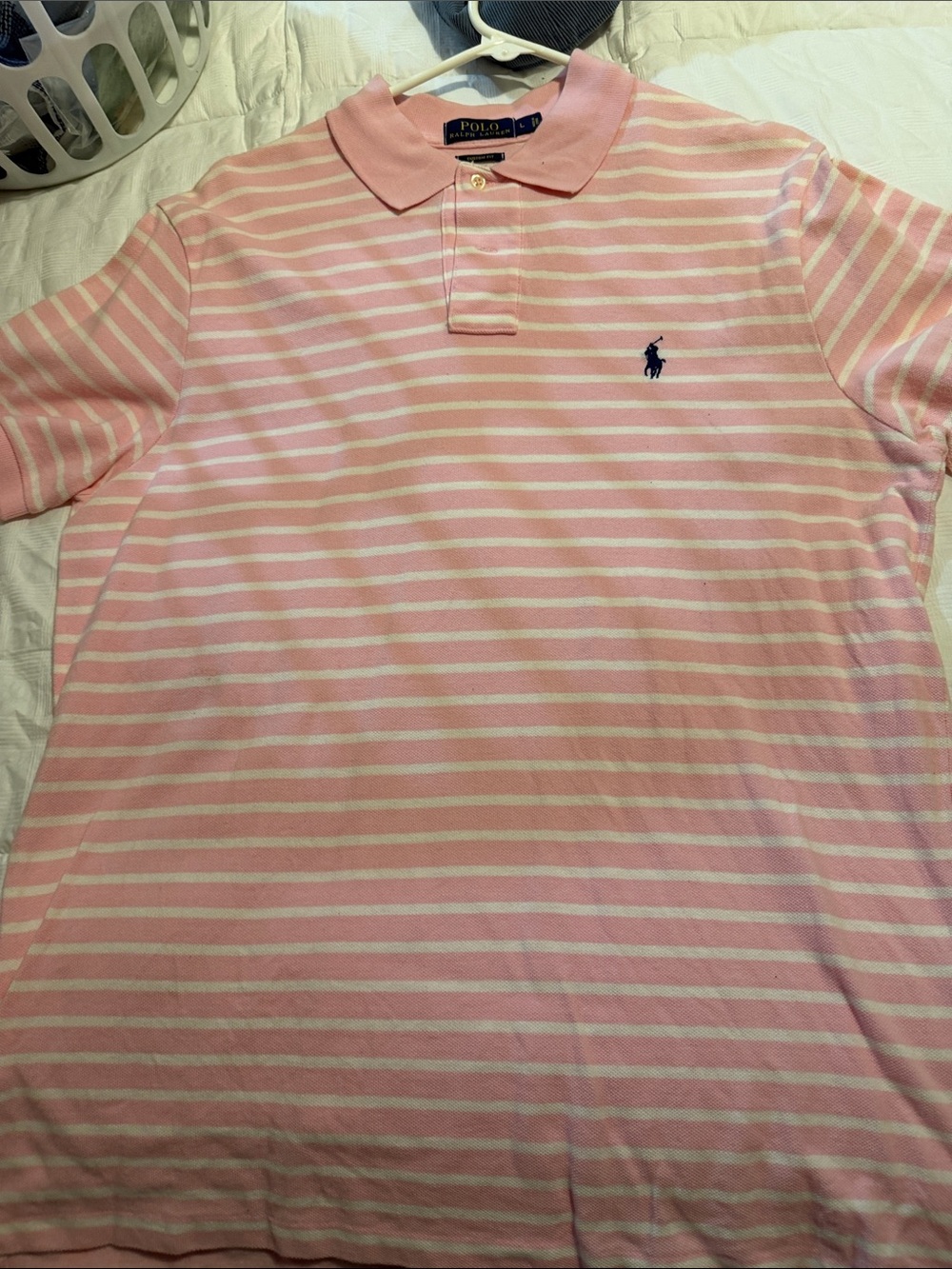 Ralph Lauren Pink and White Striped Polo with Navy Pony